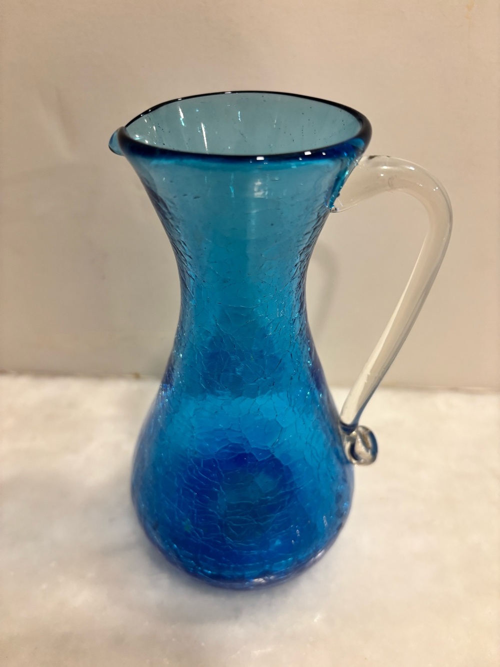 Pilgrim Blue Crackle Art Glass Pitcher 6.5” Applied Handle Vintage MCM